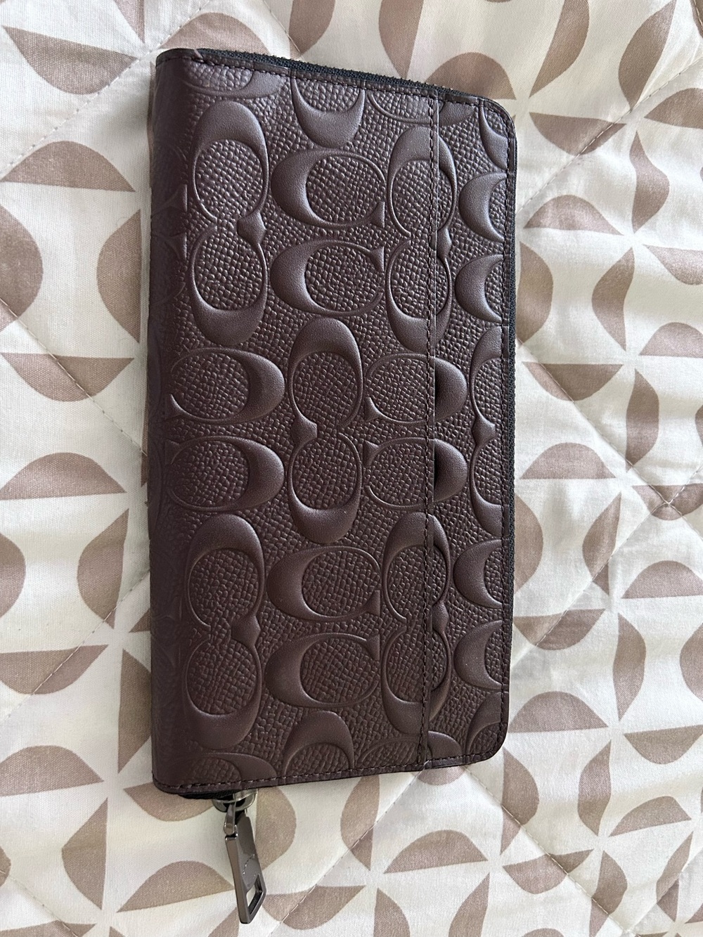 Coach Dark Brown Embossed Signature Zip Wallet - Picture 2 of 6